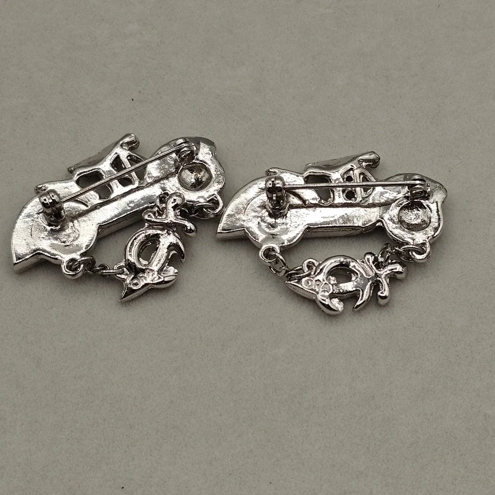 ORA Motorcycle Brooch Pins 2pc Silver Tone Clear Rhinestone Biker Mason Sword